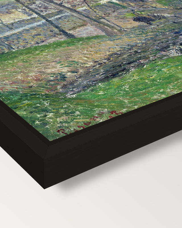Banks of the Viosne by Pissarro framed canvas, corner close-up: a black floating frame with a shadow gap round the canvas