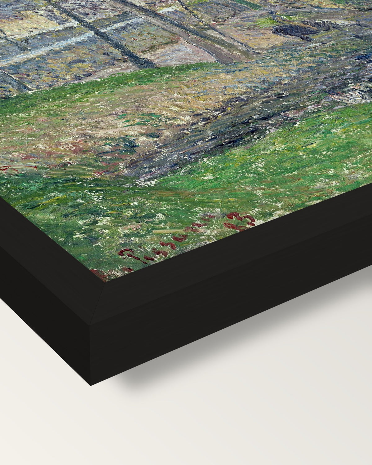 Banks of the Viosne by Pissarro framed print, corner close-up: black moulding, mitred, the print set just below its edge