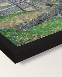 Banks of the Viosne by Pissarro framed print, corner close-up: black moulding, mitred, the print set just below its edge