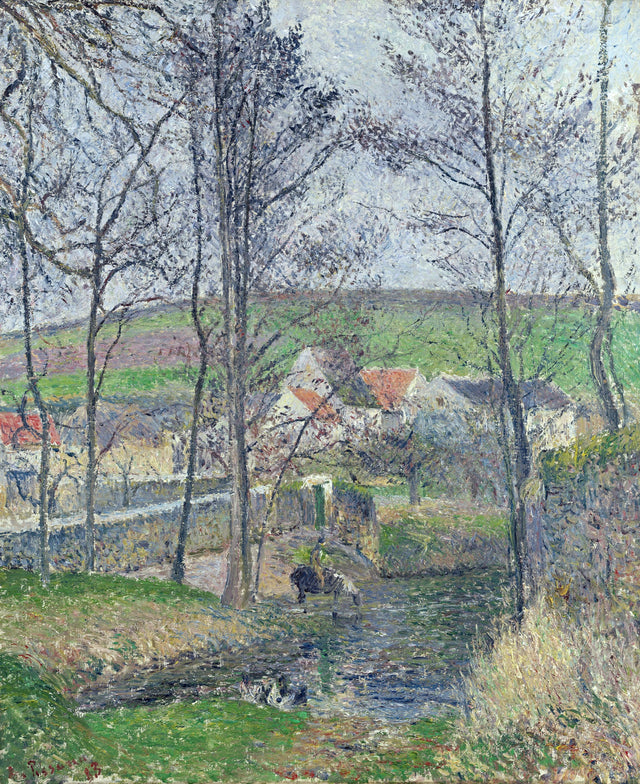 The Banks of the Viosne at Osny by Pissarro: bare winter trees by a stream, red village roofs and green fields beyond