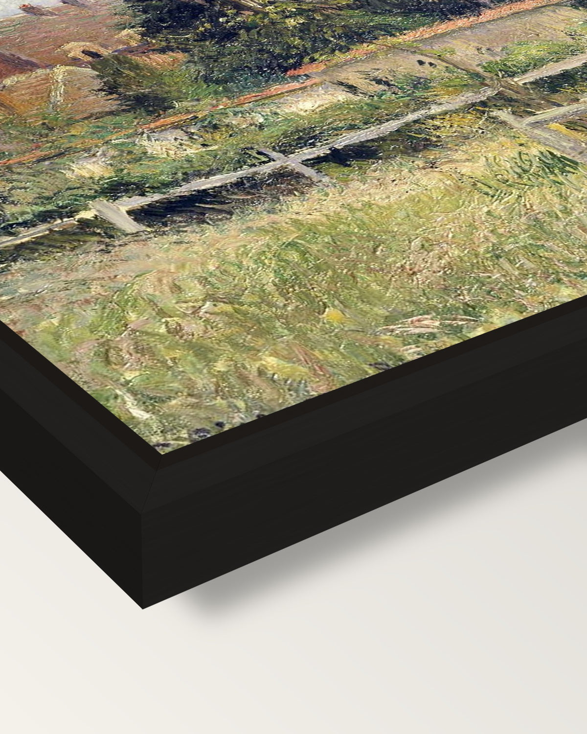 The Church at Éragny by Pissarro framed canvas, corner close-up: a black floating frame with a shadow gap round the canvas
