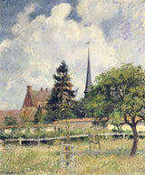 The Church at Éragny by Pissarro: a church spire and red-roofed manor behind a meadow and trees under a big cloudy sky