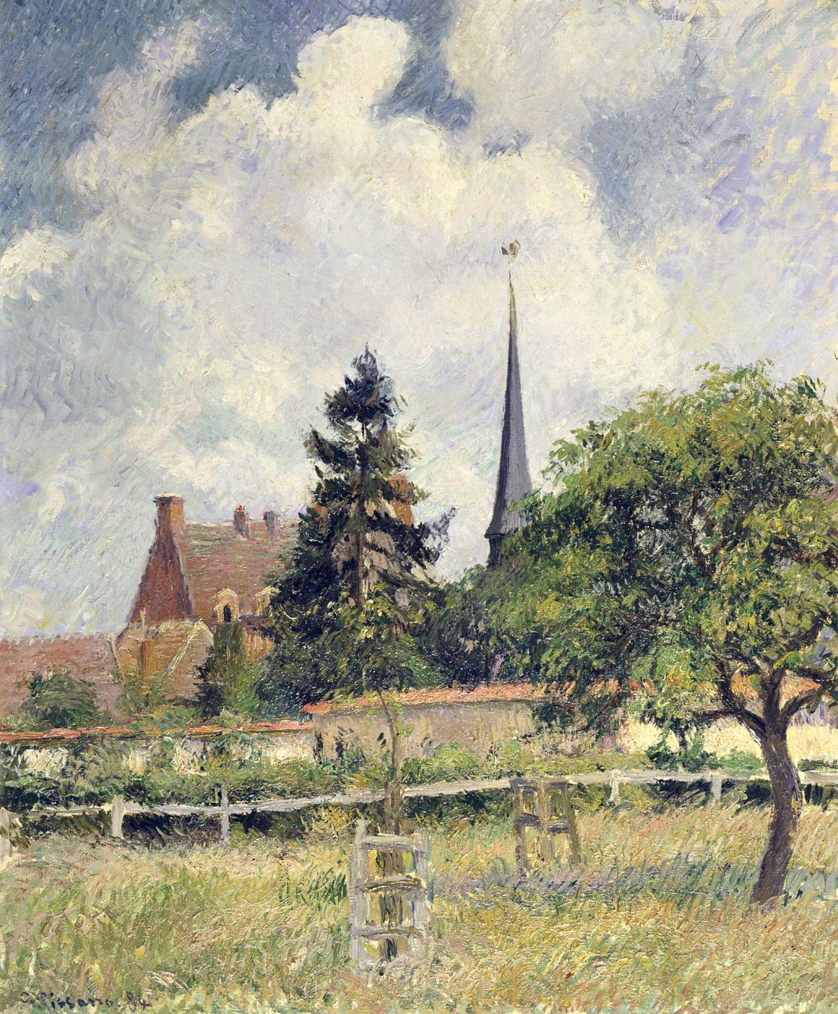 The Church at Éragny by Pissarro: a church spire and red-roofed manor behind a meadow and trees under a big cloudy sky