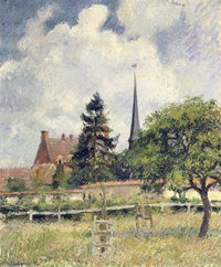 The Church at Éragny by Pissarro: a church spire and red-roofed manor behind a meadow and trees under a big cloudy sky