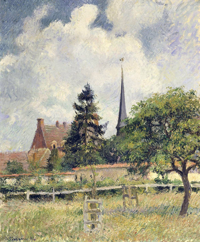 The Church at Éragny by Pissarro: a church spire and red-roofed manor behind a meadow and trees under a big cloudy sky