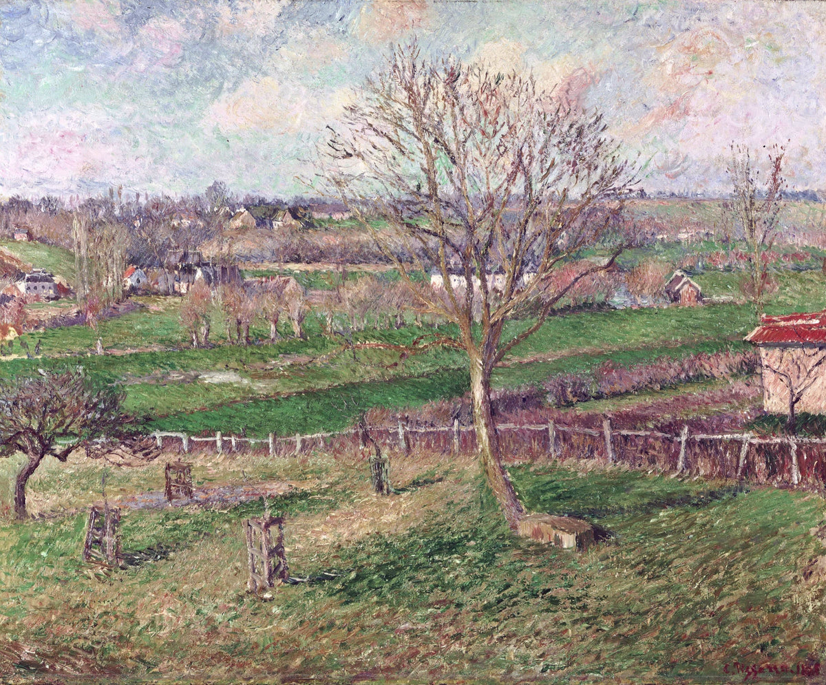 The Field and the Great Walnut Tree in Winter by Pissarro: a big bare tree over green fields, a fence and a red roof