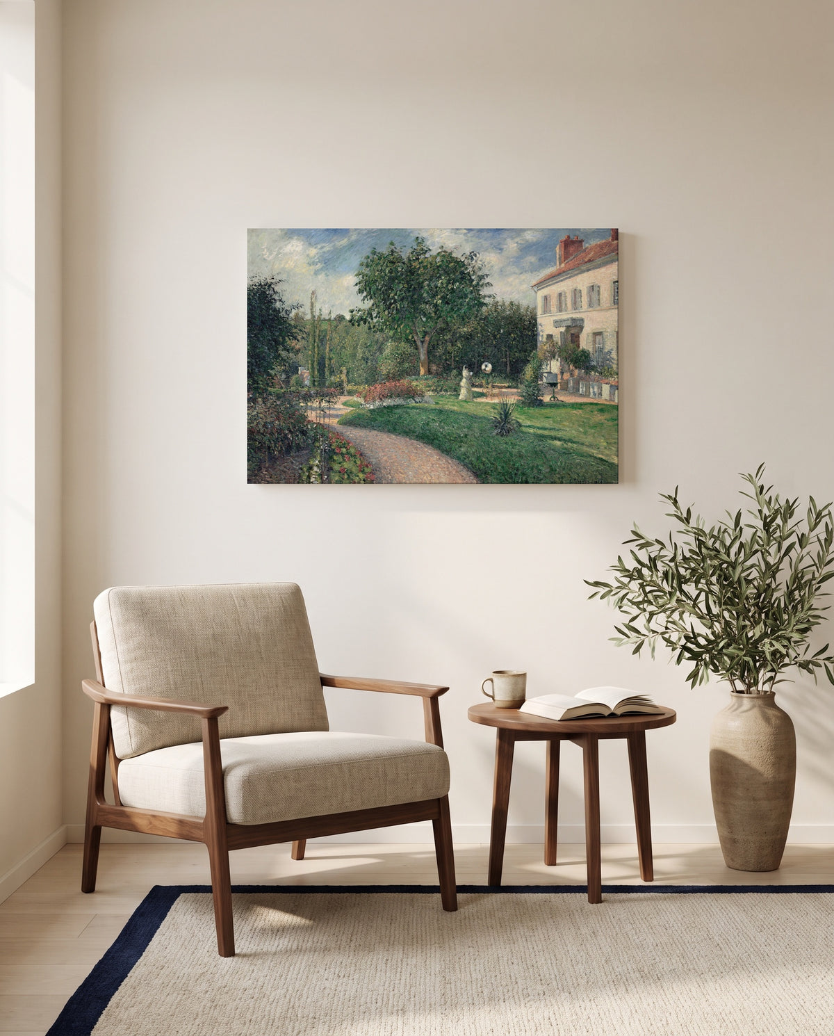 Garden of Les Mathurins by Camille Pissarro as a stretched canvas above a linen lounge chair in a reading corner