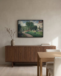 Garden of Les Mathurins by Camille Pissarro in a black frame above a walnut sideboard in a dining room