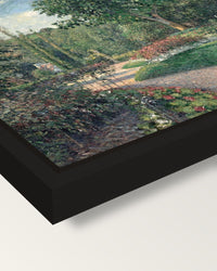 Garden of Les Mathurins by Pissarro framed canvas, corner close-up: a black floating frame with a shadow gap round the canvas