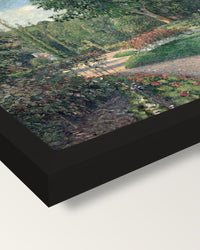Garden of Les Mathurins by Pissarro framed print, corner close-up: black moulding, mitred, the print set just below its edge