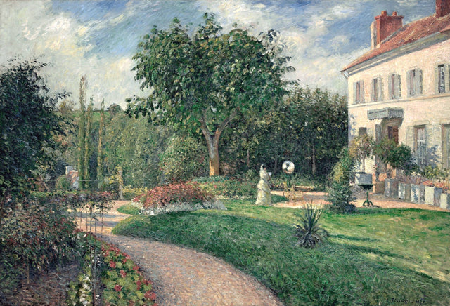 The Garden of Les Mathurins by Pissarro: a large garden with lawns, red flowers, trees and a tall white house