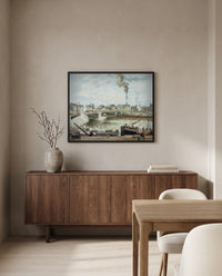 The Great Bridge, Rouen by Camille Pissarro in a black frame above a walnut sideboard in a dining room