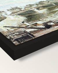 The Great Bridge, Rouen by Pissarro framed canvas, corner close-up: a black floating frame with a shadow gap round the canvas