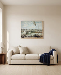 The Great Bridge, Rouen by Camille Pissarro framed in natural oak above a cream sofa in a warm living room
