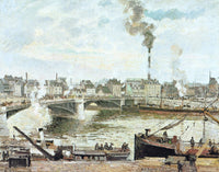 The Great Bridge, Rouen by Pissarro: a bridge over the Seine, smoke rising from a chimney, boats and workers on the quay