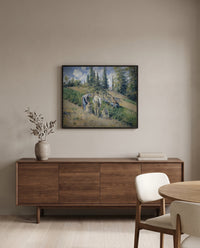The Harvest, Pontoise by Camille Pissarro in a black frame above a walnut sideboard in a dining room