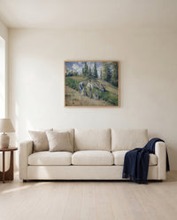 The Harvest, Pontoise by Camille Pissarro framed in natural oak above a cream sofa in a warm living room