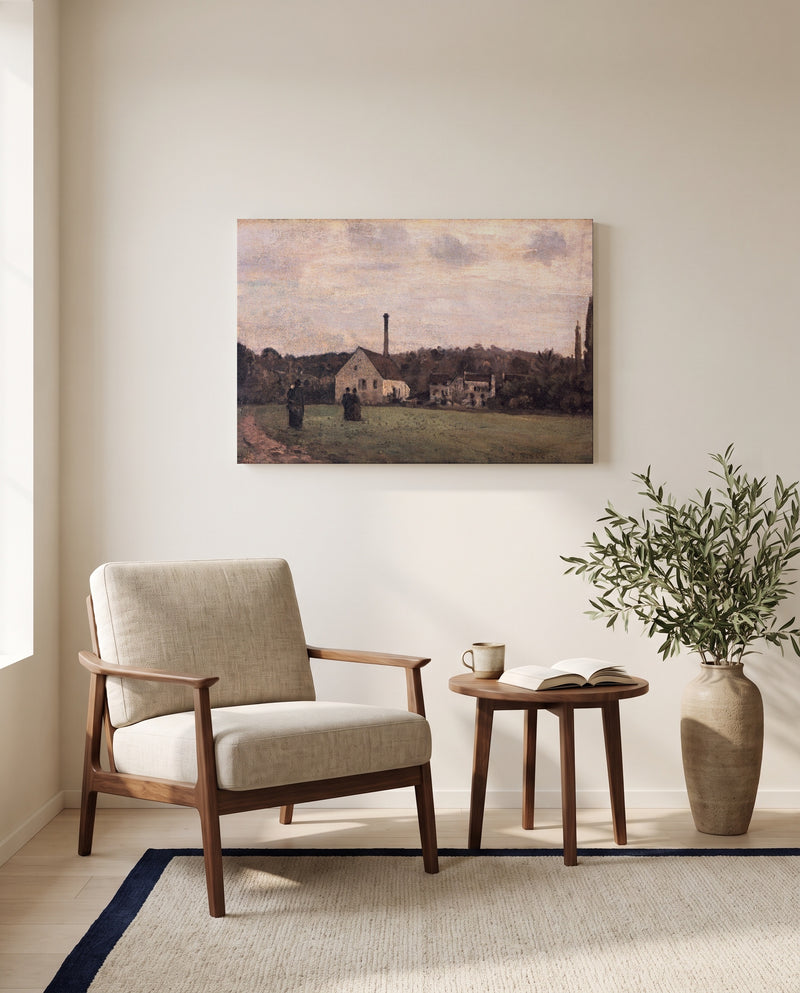 The Little Factory by Camille Pissarro as a stretched canvas above a linen lounge chair in a reading corner