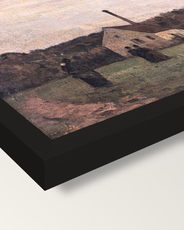 The Little Factory by Pissarro framed print, corner close-up: black moulding, mitred, the print set just below its edge