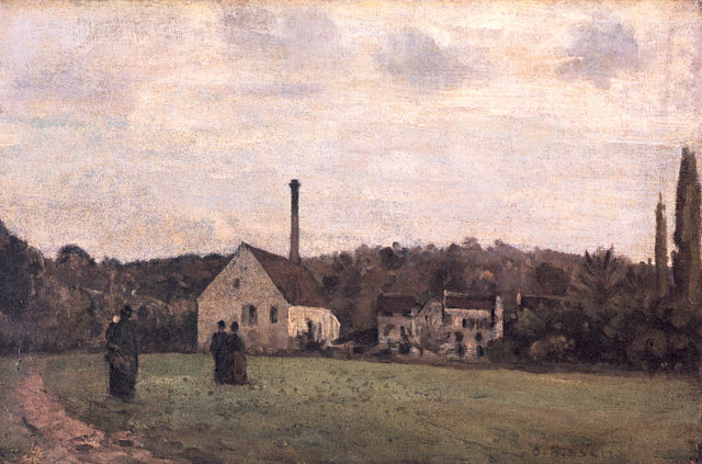 The Little Factory by Pissarro: a low factory with a tall chimney among trees and green fields, two figures, a soft sky