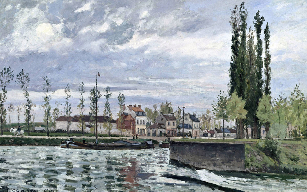 The Lock at Pontoise by Pissarro: rushing river water at a lock, houses and tall poplars on the far bank, cloudy sky