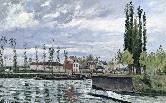 The Lock at Pontoise by Pissarro: rushing river water at a lock, houses and tall poplars on the far bank, cloudy sky