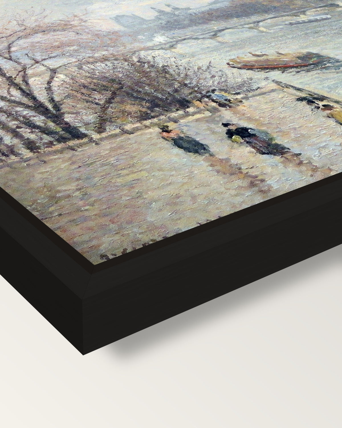 The Louvre, Rainy Weather framed canvas, corner close-up: a black floating frame with a shadow gap round the canvas