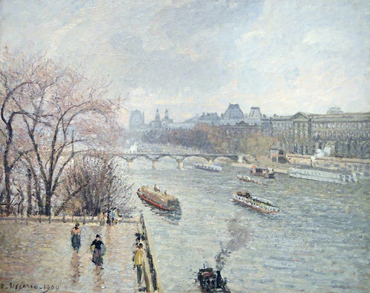The Louvre, Afternoon, Rainy Weather by Pissarro: bare trees on a riverbank, the Seine with boats, the Louvre in grey rain
