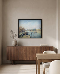 The Louvre, Morning by Camille Pissarro in a black frame above a walnut sideboard in a dining room
