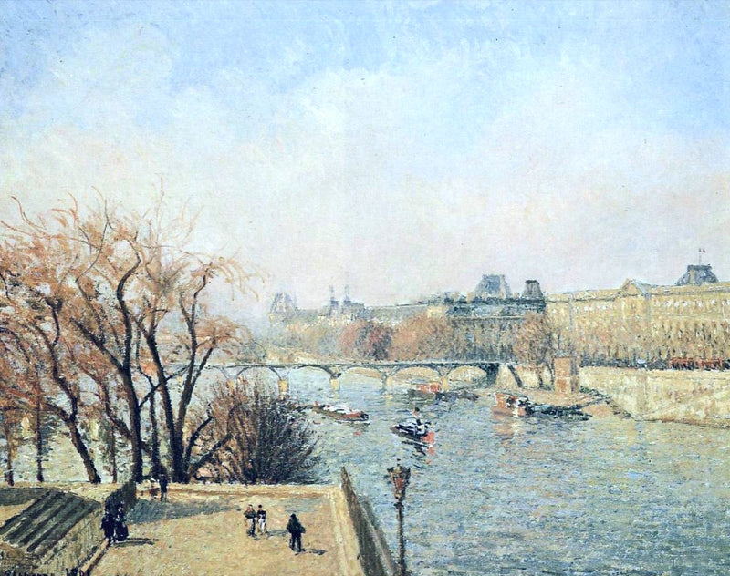 The Louvre, Morning, Sunlight by Pissarro: the Seine and a bridge in front of the Louvre, bare trees on the quay
