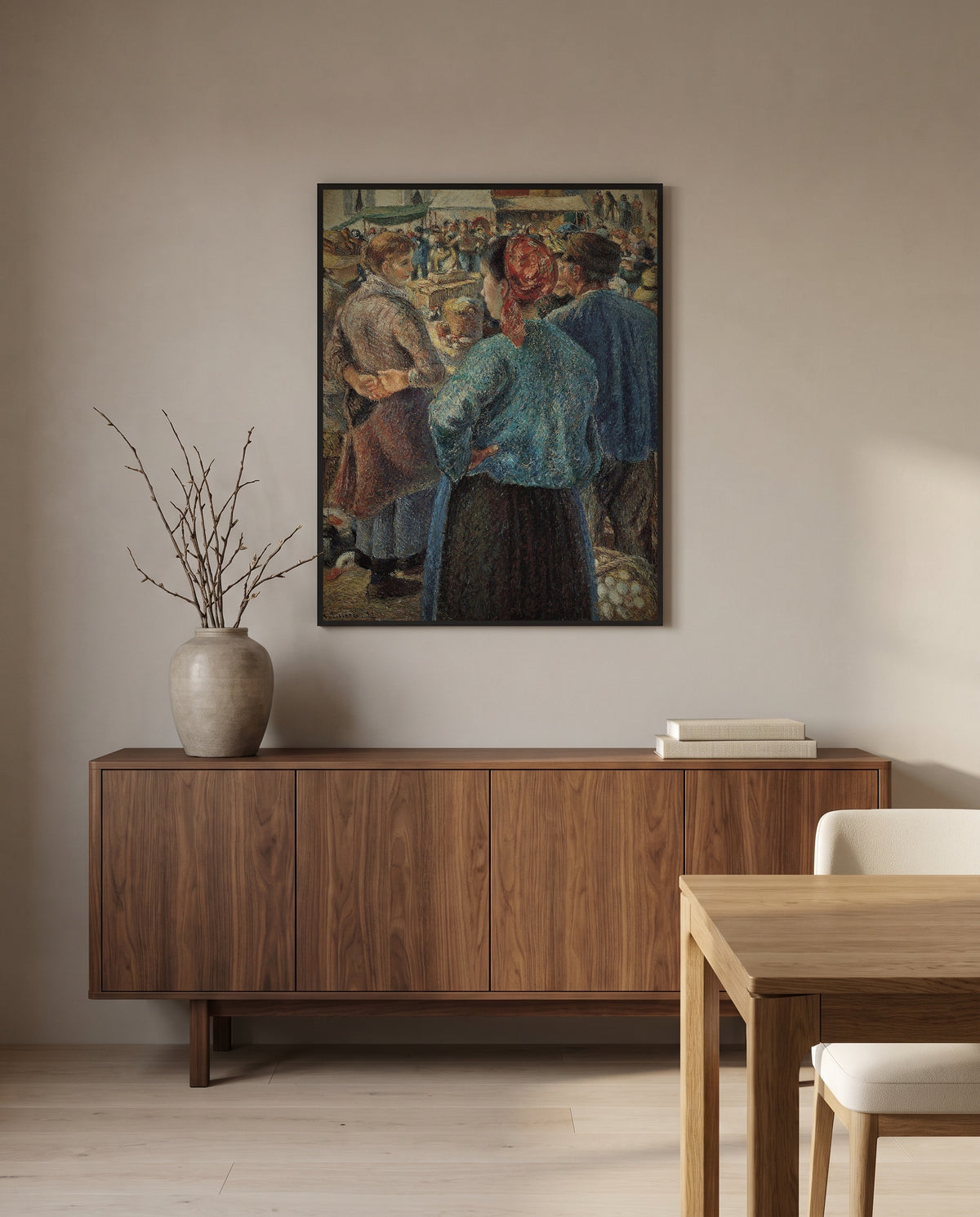 Poultry Market, Pontoise by Camille Pissarro in a black frame above a walnut sideboard in a dining room