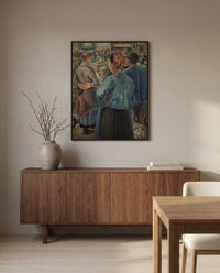 Poultry Market, Pontoise by Camille Pissarro in a black frame above a walnut sideboard in a dining room