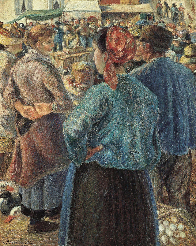 The Poultry Market, Pontoise by Pissarro: market women in shawls and headscarves crowd together, one in a blue jacket