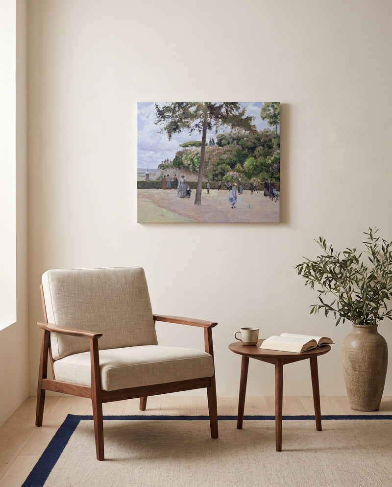 Public Garden, Pontoise by Camille Pissarro as a stretched canvas above a linen lounge chair in a reading corner