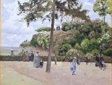The Public Garden at Pontoise by Pissarro: a tall pine and green trees above a park terrace where families stroll