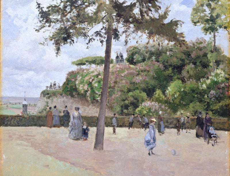 The Public Garden at Pontoise by Pissarro: a tall pine and green trees above a park terrace where families stroll