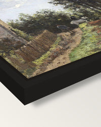 The Road Near the Farm by Pissarro framed canvas, corner close-up: a black floating frame with a shadow gap round the canvas