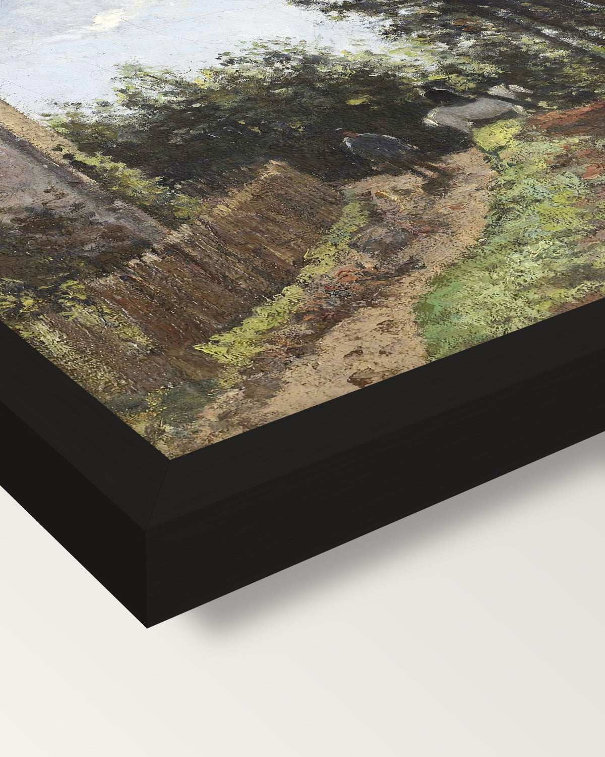 The Road Near the Farm by Pissarro framed print, corner close-up: black moulding, mitred, the print set just below its edge