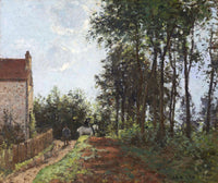 The Road Near the Farm by Pissarro: a country lane beside a stone farmhouse and tall green trees, a horse and figures