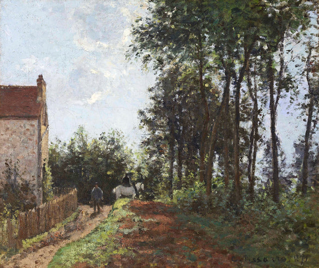 The Road Near the Farm by Pissarro: a country lane beside a stone farmhouse and tall green trees, a horse and figures