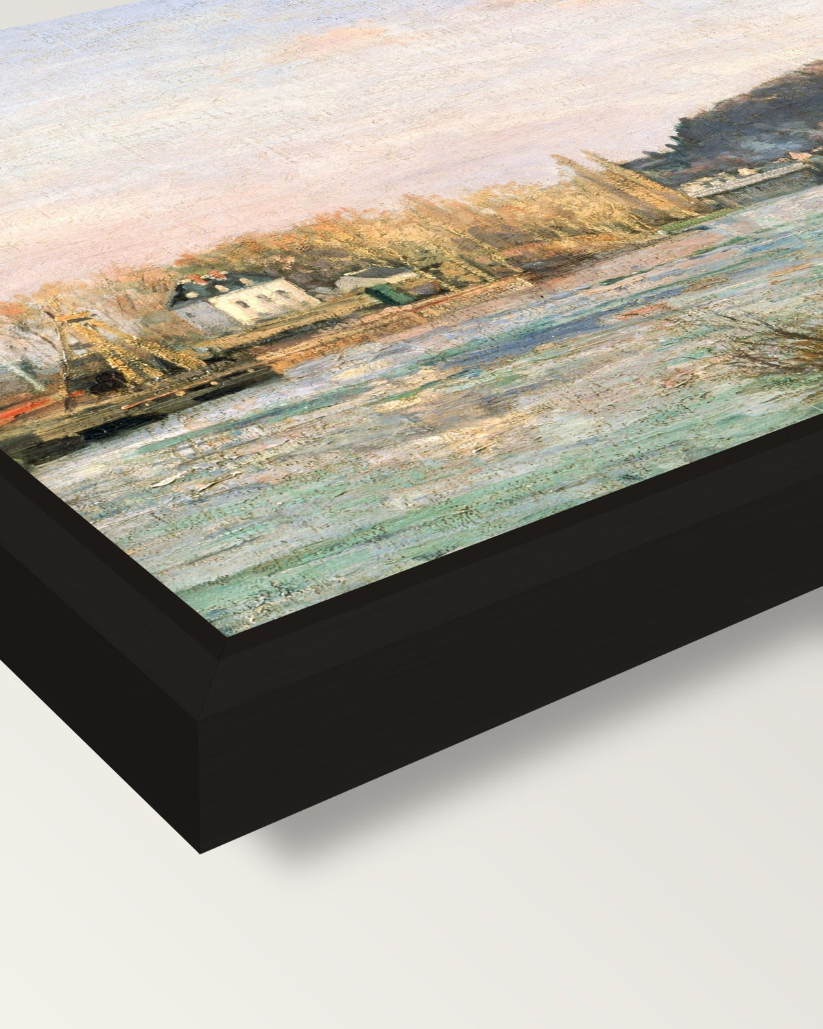 The Seine at Bougival by Pissarro framed canvas, corner close-up: a black floating frame with a shadow gap round the canvas