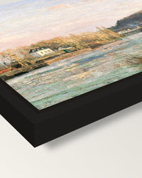 The Seine at Bougival by Pissarro framed canvas, corner close-up: a black floating frame with a shadow gap round the canvas