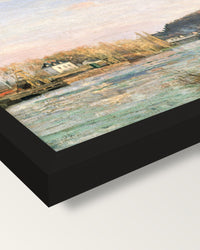 The Seine at Bougival by Pissarro framed print, corner close-up: black moulding, mitred, the print set just below its edge