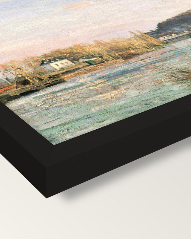 The Seine at Bougival by Pissarro framed print, corner close-up: black moulding, mitred, the print set just below its edge