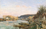 The Seine at Bougival by Pissarro: a wide calm river with a far bank of houses and hills, bare trees at right, soft sky