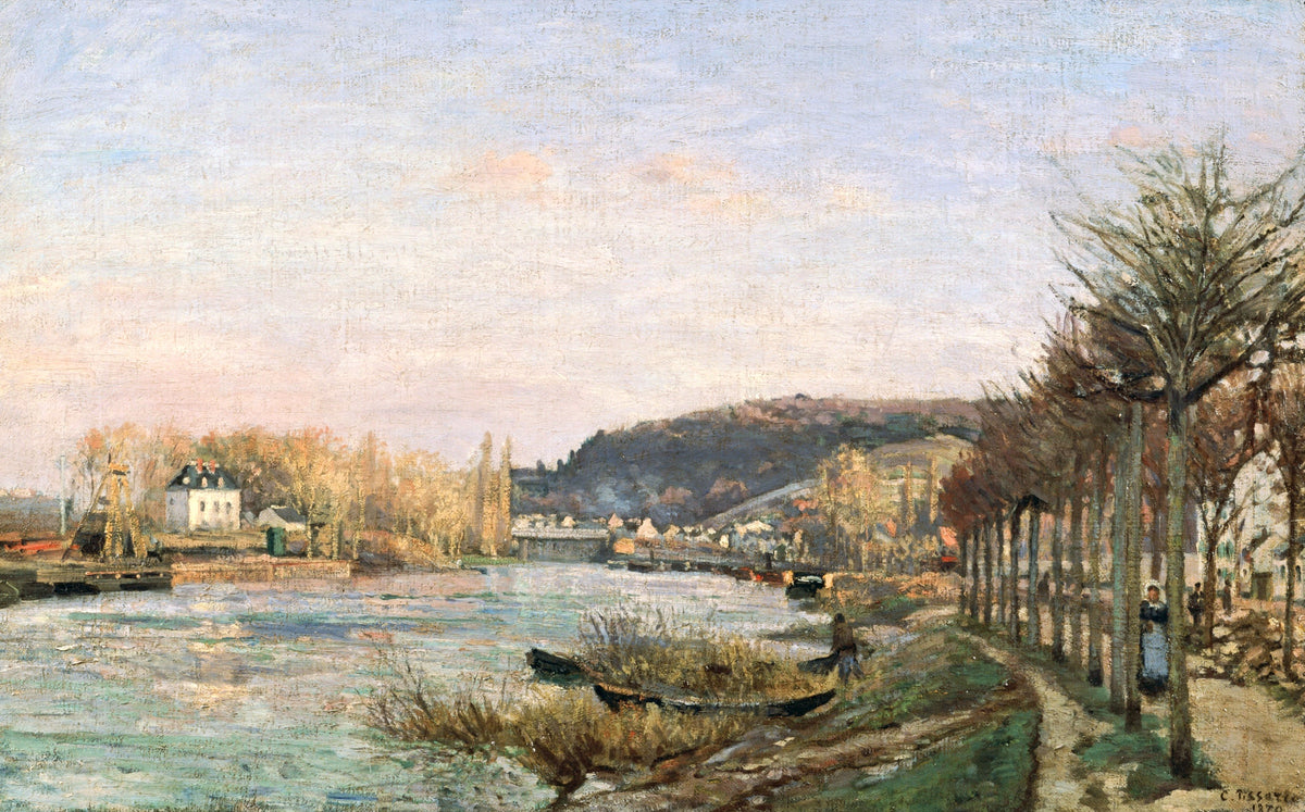 The Seine at Bougival by Pissarro: a wide calm river with a far bank of houses and hills, bare trees at right, soft sky