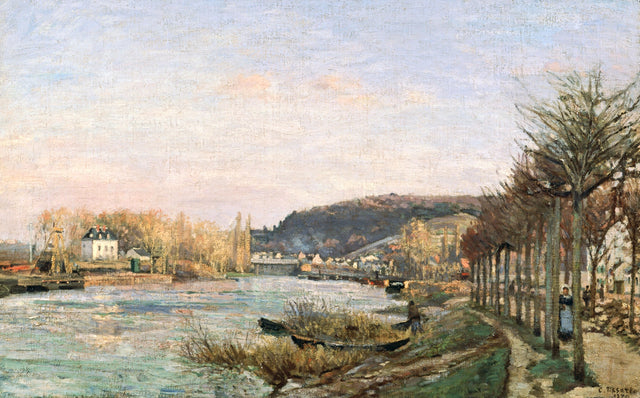 The Seine at Bougival by Pissarro: a wide calm river with a far bank of houses and hills, bare trees at right, soft sky