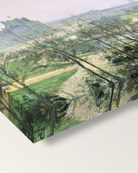 Tuileries Gardens by Camille Pissarro on stretched canvas, corner close-up: the painting mirror-wrapped round the sides