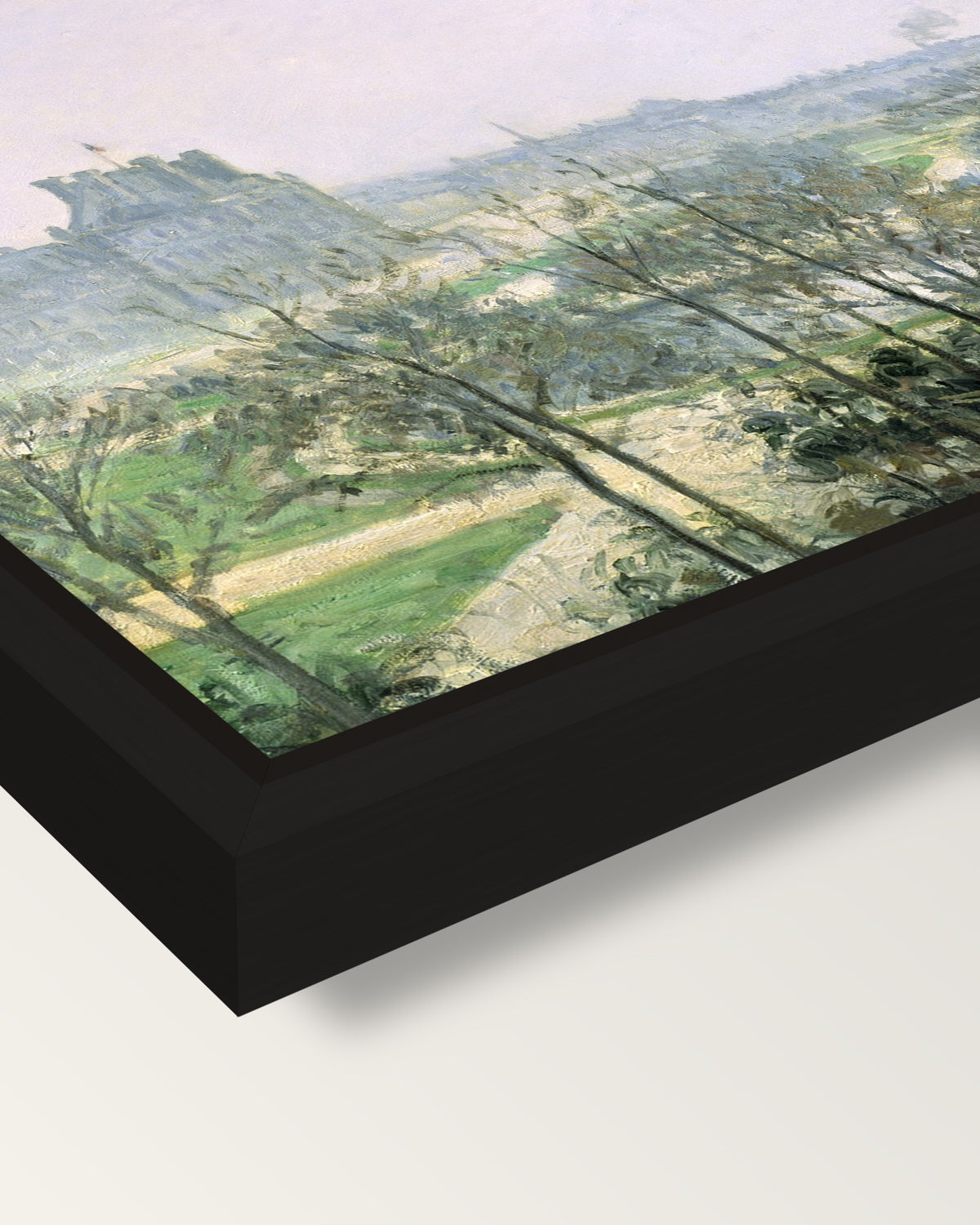 Tuileries Gardens by Pissarro framed canvas, corner close-up: a black floating frame with a shadow gap round the canvas