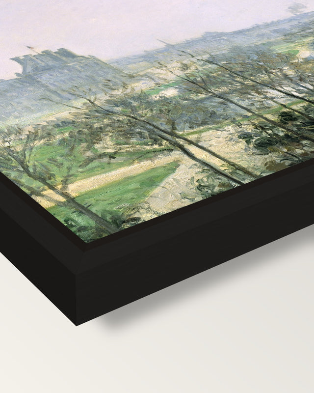 Tuileries Gardens by Pissarro framed canvas, corner close-up: a black floating frame with a shadow gap round the canvas